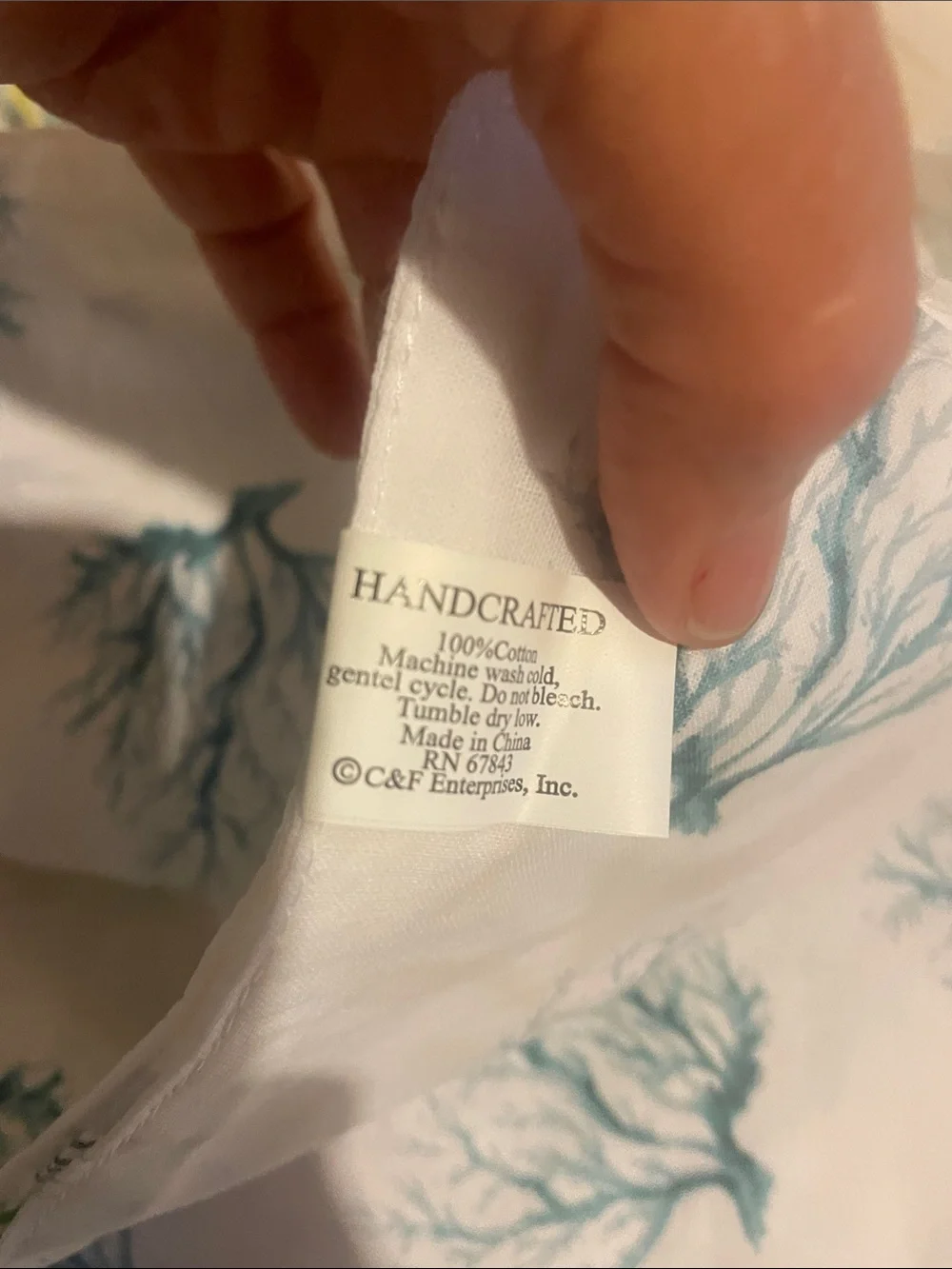 Handcrafted Cotton Napkin with Teal Seaweed Motif and shells . Set of 4